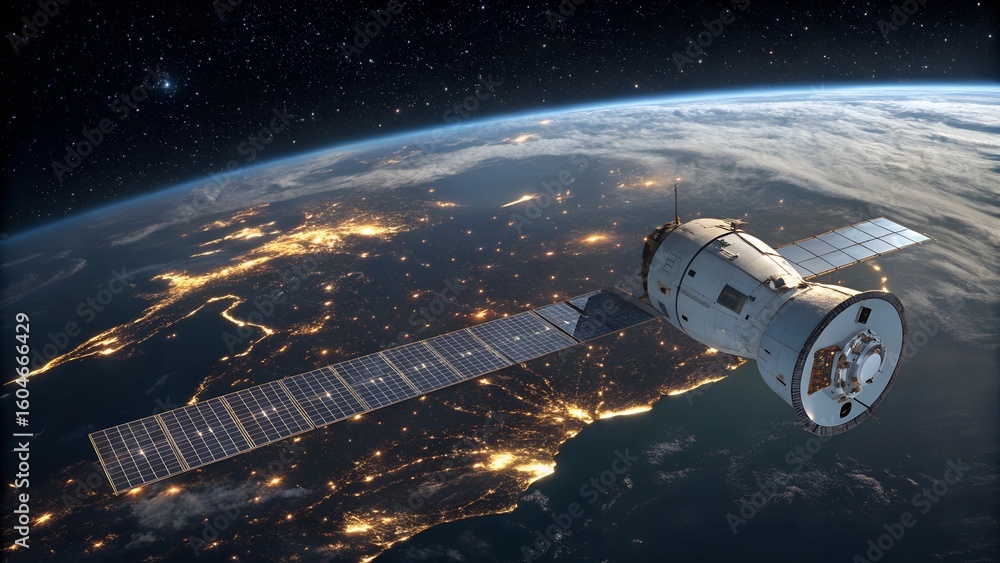 Obraz premium A modern spacecraft with wide solar panels orbits our bright planet above a starry night sky.