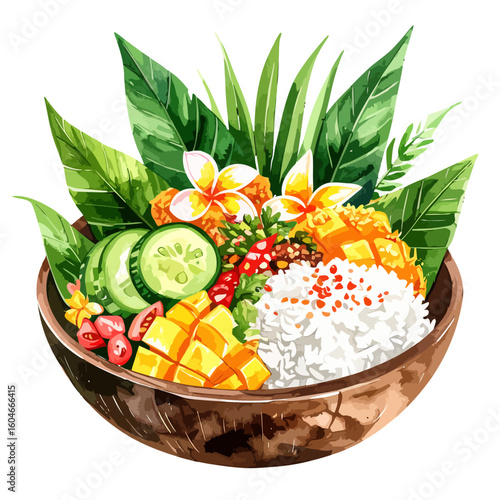 Watercolor Poke Bowl with Mango, Cucumber, and Plumeria Flowers in Coconut Shell
