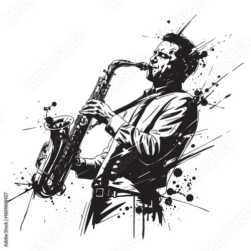 saxophonist player abstract sketch brush with splatter engraving vector illustration