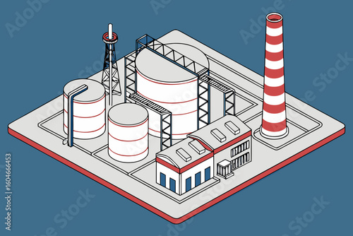 Isometric vector of refinery plant with tanks and smokestack on platform