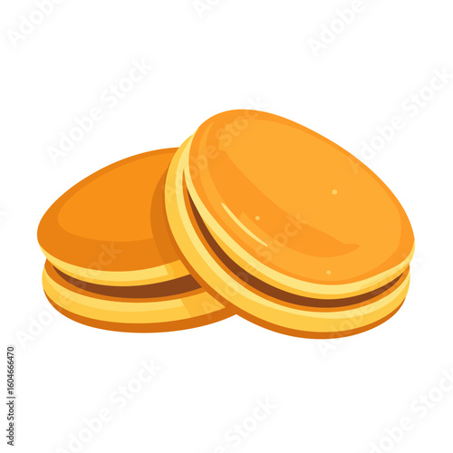 Two golden brown Japanese dorayaki pancakes with sweet red bean paste filling, illustrated in a clean, simple style.