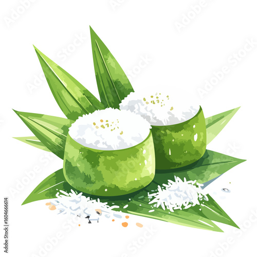 Watercolor illustration of two green pandan sticky rice cakes with coconut shavings, served on fresh leaves.