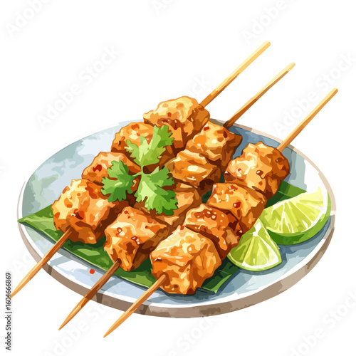 Appetizing grilled satay skewers with fresh cilantro and lime wedges on a plate.
