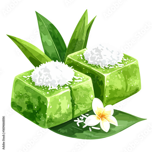 Two vibrant green pandan jelly cakes with shredded coconut, illustrated in a watercolor style.