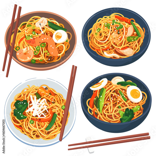 Collection of colorful Asian noodle bowls with fresh toppings like shrimp, boiled egg, and vegetables, served with chopsticks.