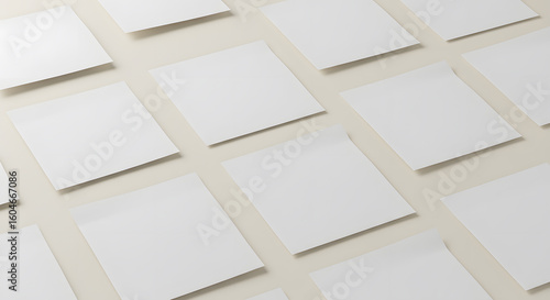 Blank white square papers arranged diagonally on a beige surface for design mockups
