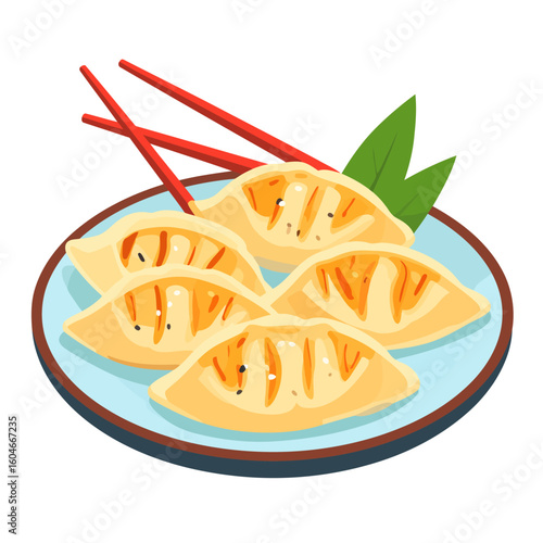Illustrated pan-fried gyoza dumplings with sesame seeds on a blue plate with red chopsticks.