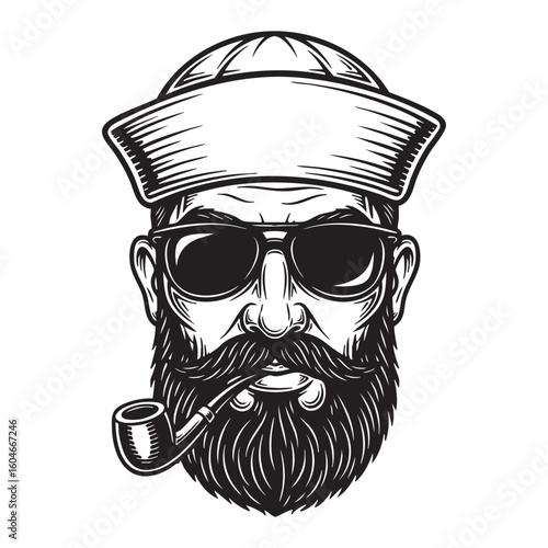 hipster sailor head with thick beard and pipe woodcut engraving vector illustration