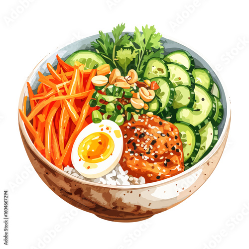 Colorful Asian rice bowl with soft-boiled egg, fresh vegetables, peanuts, and sesame seeds.
