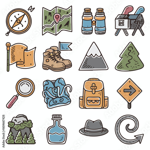 Adventure awaits! Explore the outdoors with essential hiking gear icons.