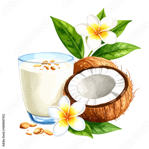Tropical Coconut Milk Drink, Whole and Half Coconuts, Plumeria Flowers, Green Leaves