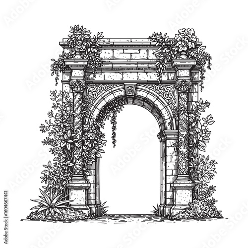 Stone Arch with Plants woodcut engraving vector illustration