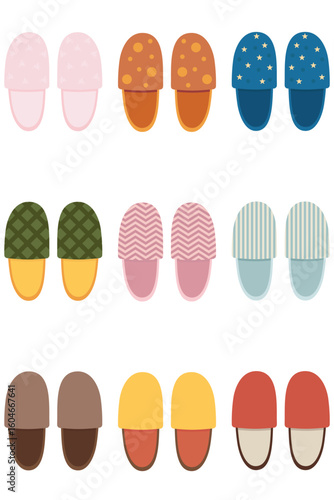 Set of Colorful Home Slippers Flat Design. Various Indoor Footwear. Cozy House Slippers