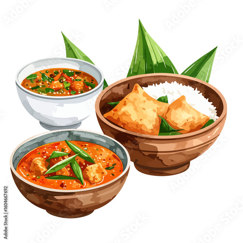 Vibrant illustration of a traditional Indian meal with spicy curry, crispy samosas, and rice in rustic bowls.