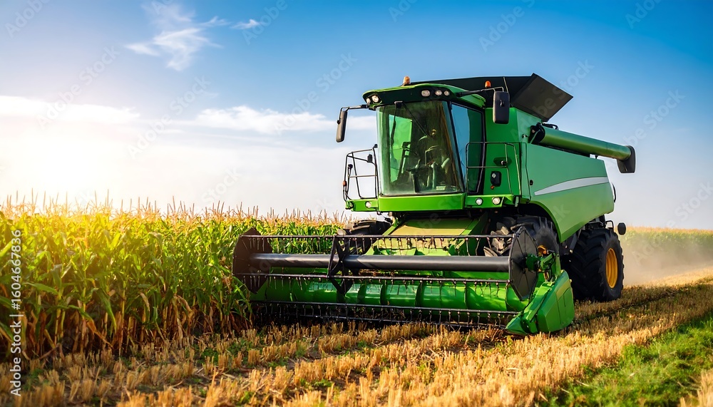 Fototapeta premium Green harvester in a golden field