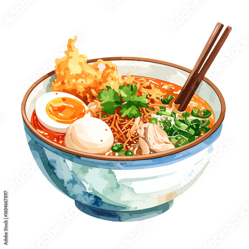 Artistic watercolor bowl of Japanese ramen with tempura, soft-boiled egg, chicken, and fresh herbs.