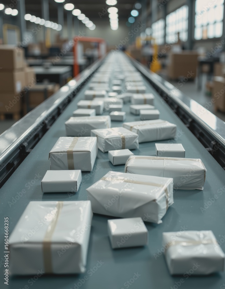 Fototapeta premium Automated conveyor system transporting packages in a modern warehouse