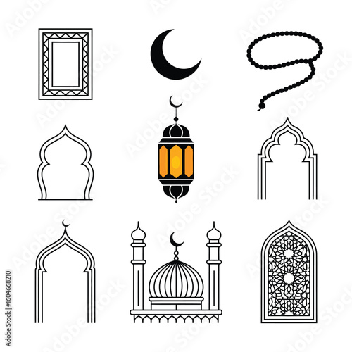 Collection of islamic architectural elements and symbols in black and white line art