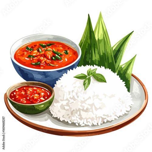 Vibrant watercolor illustration of a plated Asian meal with steamed rice, red curry in a blue bowl, and chili sambal.