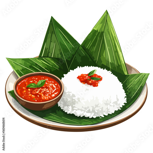 Nasi Lemak Illustration: Rice, Sambal, Ketupat, and Banana Leaves on a Plate