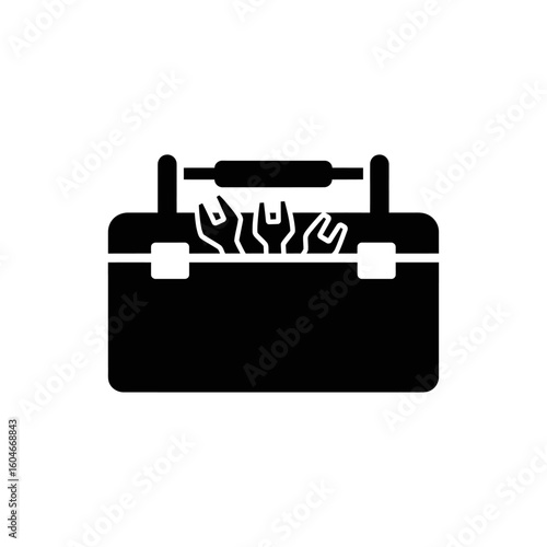 A black toolbox filled with wrenches and a handle on top against a white background flat design