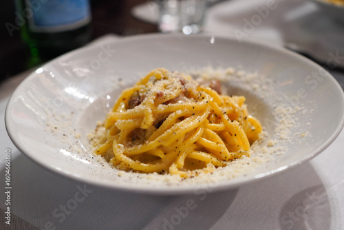 Canvas Print Carbonara with guanciale, pecorino cheese and egg made according to the traditio