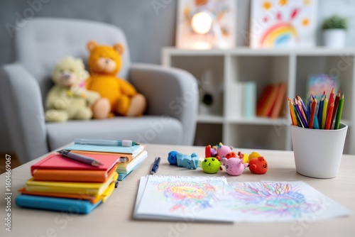 Colorful children's room, toys, art supplies on table
