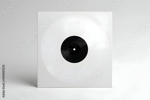 A pristine white vinyl record in a square sleeve with a black center against a white background studio shot .