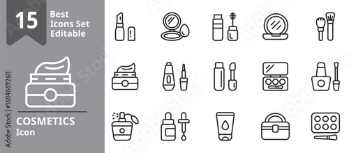 Set of Cosmetics icons. Icons Contains cosmetics, makeup, beauty, skincare, lipstick, etc . Design elements for you projects. Editable stroke vector illustration.