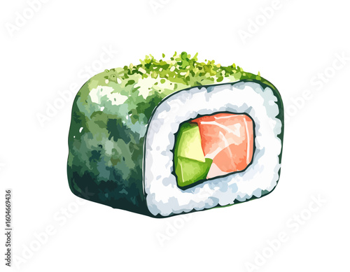 Vibrant watercolor illustration of a single maki sushi roll with salmon, avocado, and a green topping.