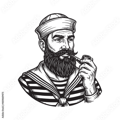hipster sailor head with thick beard and pipe woodcut engraving vector illustration