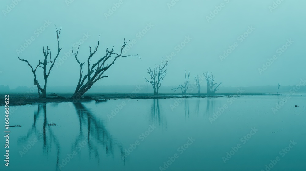 Fototapeta premium Misty morning landscape with bare trees reflecting in still water