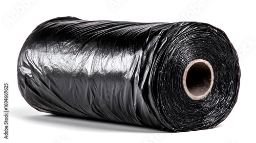 Rolled up roll of black plastic sheeting.