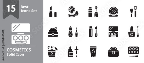 Solid icon set representing cosmetics and beauty items including lipstick, mascara, foundation, blush, skincare cream, perfume, and facial serum. Perfect for beauty apps, salon branding.