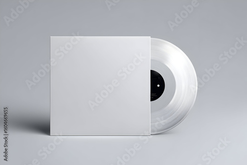 A white record sleeve with a clear vinyl record on a gray background in a studio setting scene shot .