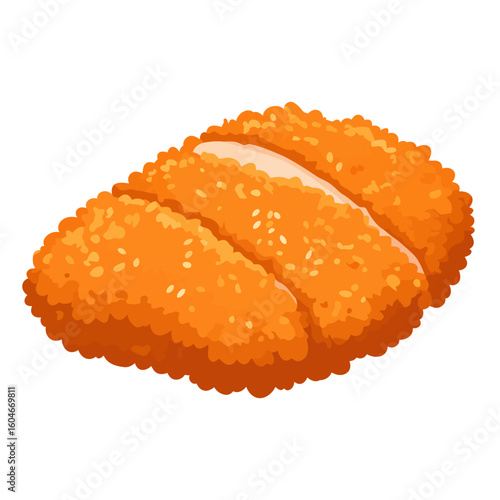 Crispy golden-brown sliced Japanese katsu cutlet with panko breading and sesame seeds.