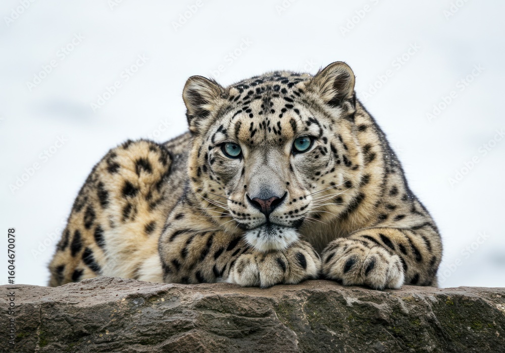 Naklejka premium Leopard with Blue Eyes Resting on Rock in Natural Environment