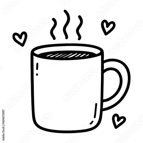 Coffee cup with hearts black and white icon clean line art, doodle style. Ideal for logo, tattoo, app, coloring book, web design, infographics, banner, poster, and more. Vector illustration