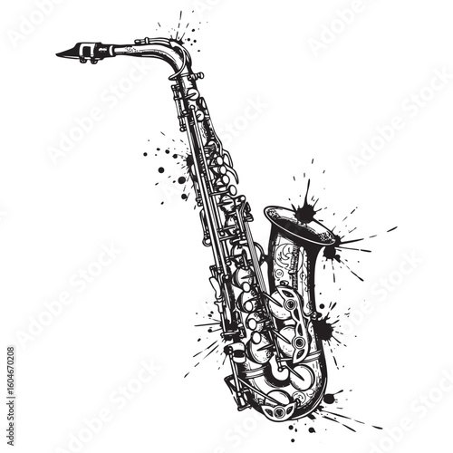 musical instrument saxophone sketch brush with splatter engraving vector illustration