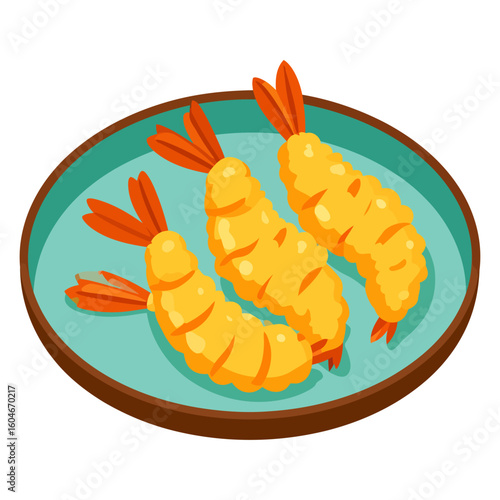 Three golden-brown shrimp tempura with orange tails, served on a teal plate.