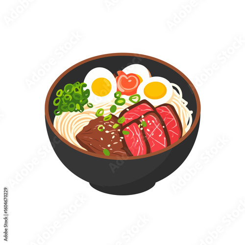 Japanese ramen noodle soup in a black bowl with sliced meat, boiled eggs, and fresh green onions.