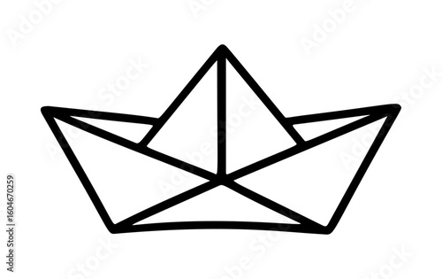 Origami paper boat black and white icon clean line art, doodle style. Ideal for logo, tattoo, app, coloring book, web design, infographics, banner, poster, and more. Vector illustration