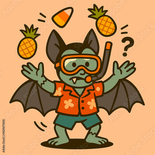 A playful bat in a tropical outfit juggles candy corn and pineapples with wide flared wings, set against a peach background in a funky cartoon style.