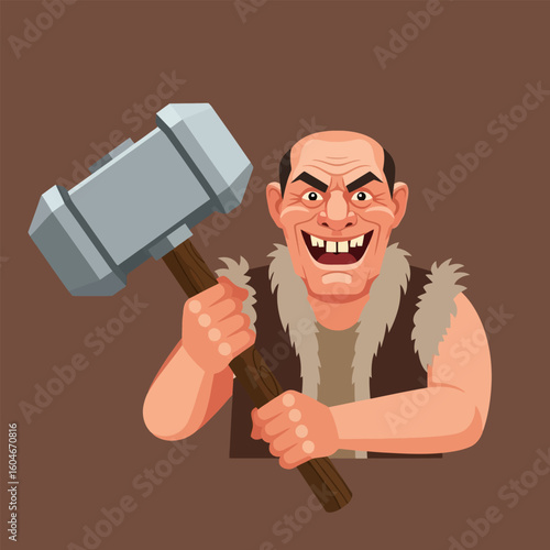 Cartoon Villain Holding Hammer with Evil Grin Expression Vector Illustration