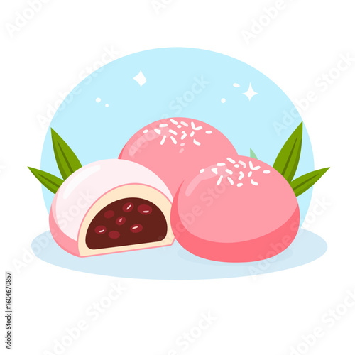 Three pink daifuku mochi with sprinkles, one sliced to show red bean paste filling.
