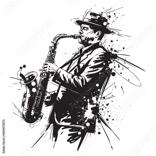 saxophonist player musician abstract sketch engraving vector illustration