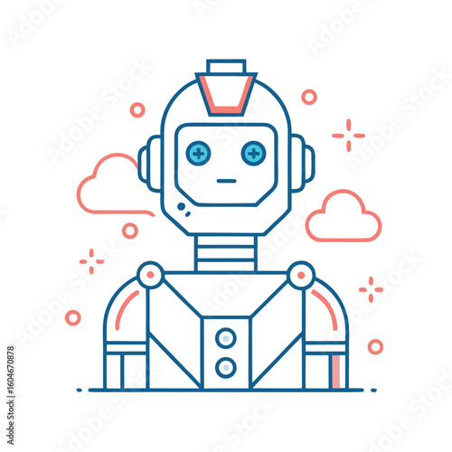 Minimalist Line Art Icon of Robot – Futuristic Technology Outline in Flat Design