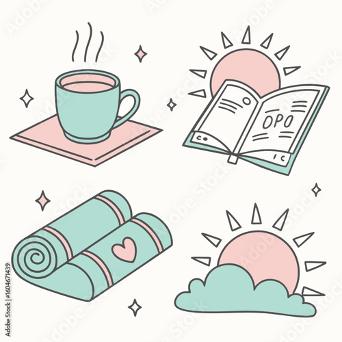 Illustration of a cup of tea, a book, a rolled mat, and a sun with cloud in pastel colors