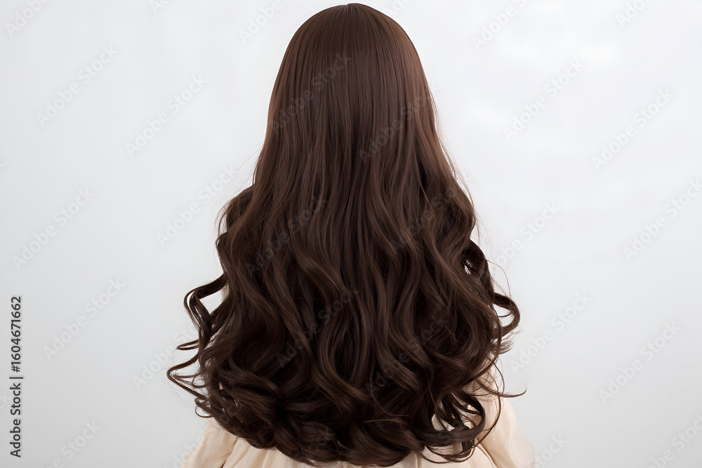 Naklejka premium Back view of a person with long brown wavy hair against a plain white background in a studio setting .