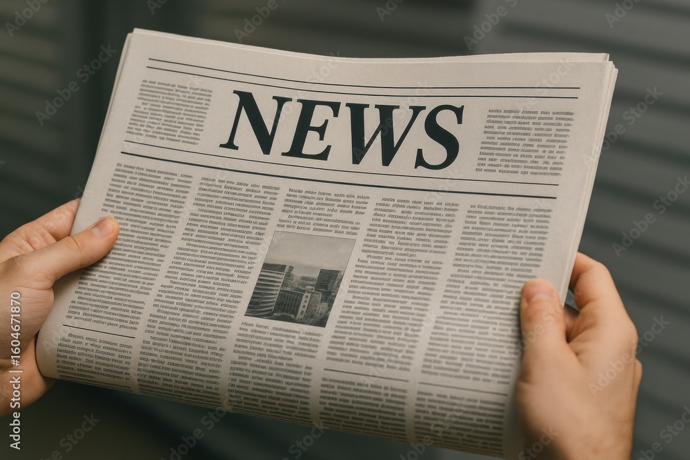 Naklejka premium Hands holding printed newspaper.